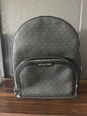 Michael Kors Gray Logo-Print Backpack with Black Trim